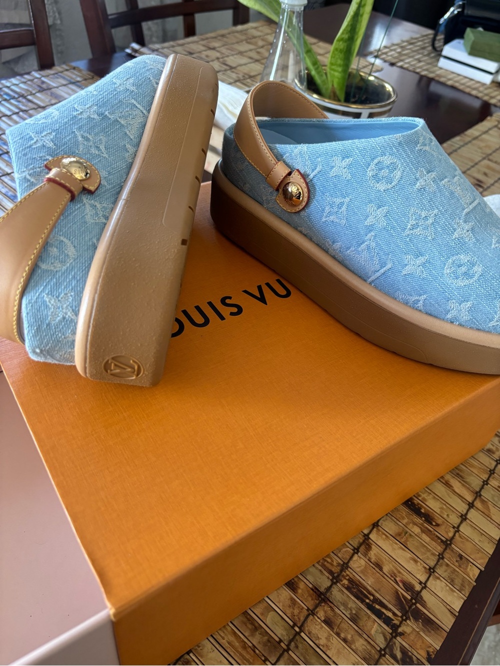 Louis Vuitton Denim Trim Slip-On Mules - Blue & Tan